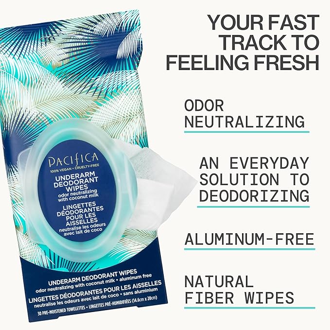 Pacifica Beauty Coconut Milk & Essential Oils Underarm Deodorant Wipes, Helps Remove Odor, Aluminum-Free, Vegan & Cruelty-Free, 30 Wipes (1-Pack)