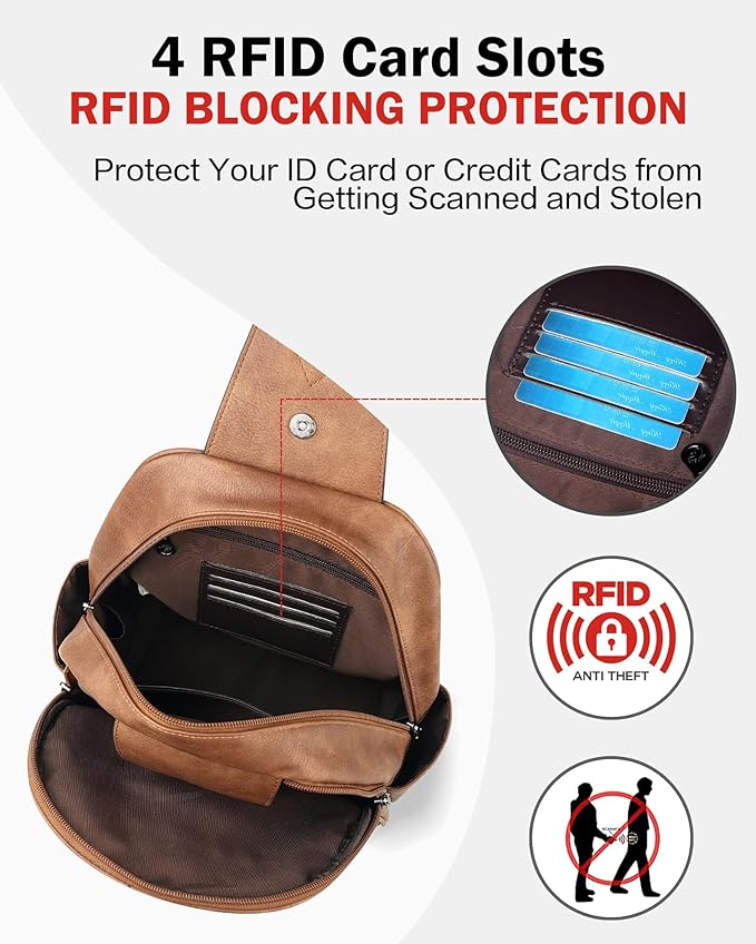 FADEON Large Sling Bag for Women, Leather Crossbody Purse Designer Anti Theft Sling Backpack, RFID Fanny Packs for Travel