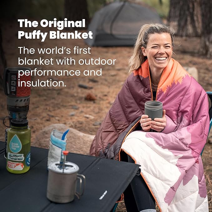 Rumpl Original Puffy Blanket - Warm, Water-Resistant Camping Blanket with 100% Recycled Synthetic Insulation, 52"x75", Original Puffy V2, Rocky Mountain Sunset Fade