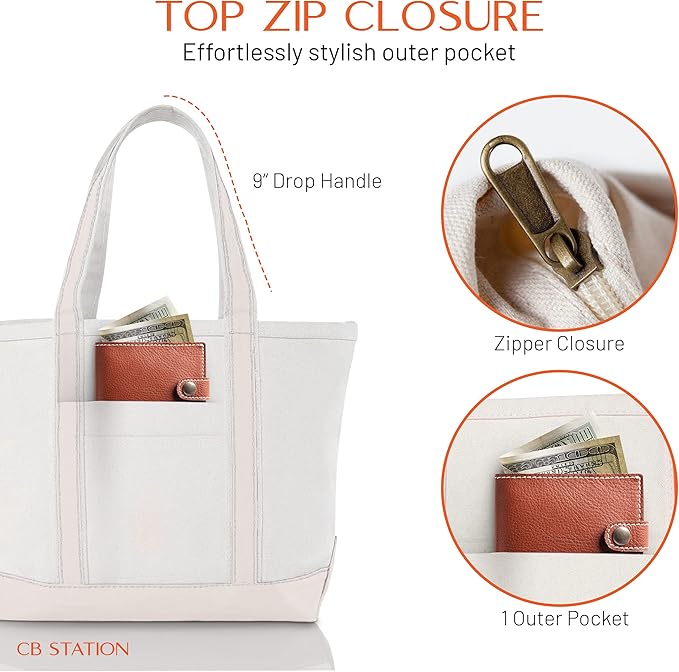 CB STATION Medium Classic Canvas Tote Bag for Women, Top Zipper Closure, Outer Pocket, Daily Essentials, Groceries, Traveling