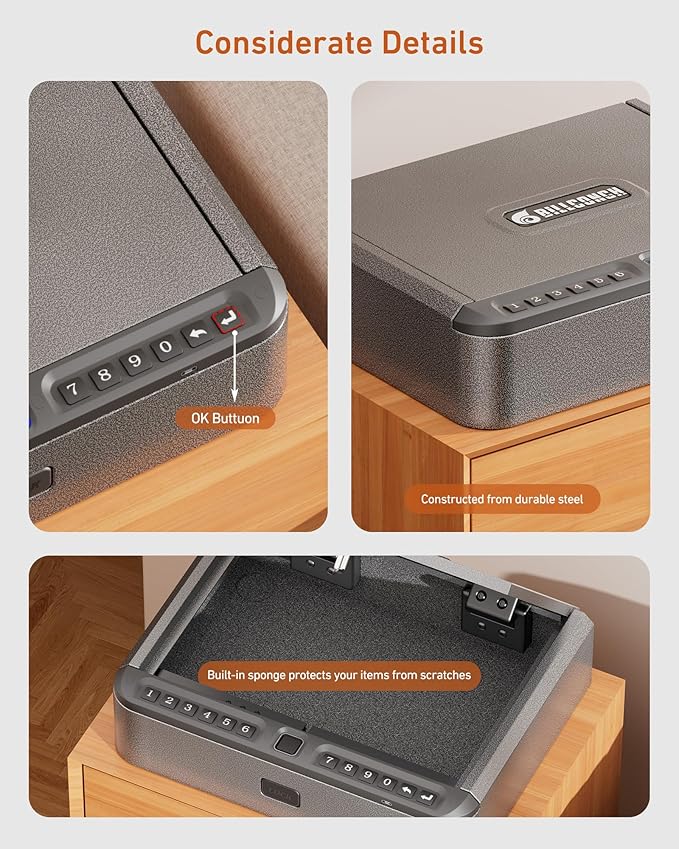 BILLCONCH Gun Safe for Handgun - Biometric Gun Safe 4 Ways Quick Access with Fingerprint/Full-digital Keypad/Key/APP Lock Handgun Pistol Safe for Nightstand Bedside Home