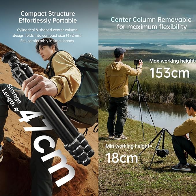FALCAM TreeRoot F38 Quick Lock Lite Carbon Fiber Travel Tripod with Ball Head Load Capacity 3kg/6.6lbs, Max Vertical Payload 40Kg/88lbs for Cameras, All-Terrain Stability (C141K-301)