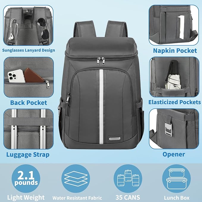 Backpack Cooler Insulated Leak Proof 35 Cans, 2 Insulated Compartments Thermal Bag, Portable Lightweight Beach Travel Camping Lunch Backpack for Men and Women, 30L, Reflective Stripes, Water-Resistant
