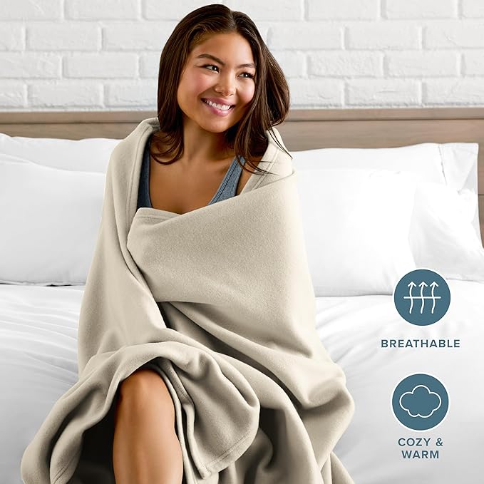 Bare Home Polar Fleece Blanket - Throw - Oyster - Warm & Cozy - Premium Fleece Blanket for Bed, Sofa, Camping, Travel and Cold Nights - Lightweight (Throw, Oyster)