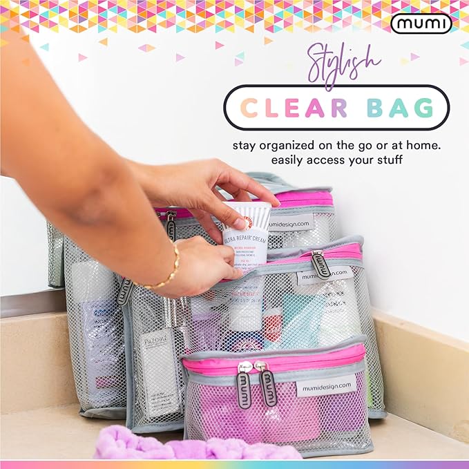 MUMI Travel Toiletry Bag Set of 3 – Clear TSA Approved Toiletry Bags for Women – Reusable Water-Resistant Makeup Organizer Pouches for Skincare, Cosmetics, Travel Accessories, Airport Packing - Purple