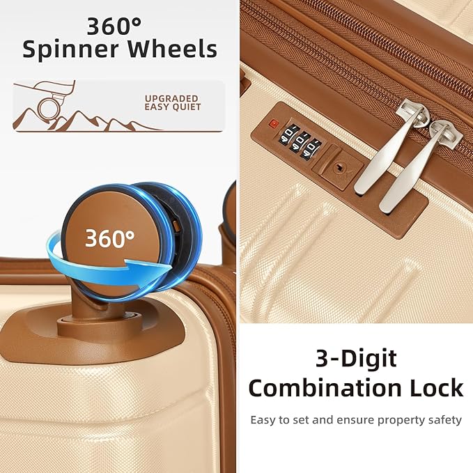 LARVENDER Luggage Sets 5 Piece Hardside Expandable Suitcase with Wheels Lock,Hardside Lightweight Rolling Suitcase for Women and Men,Cream