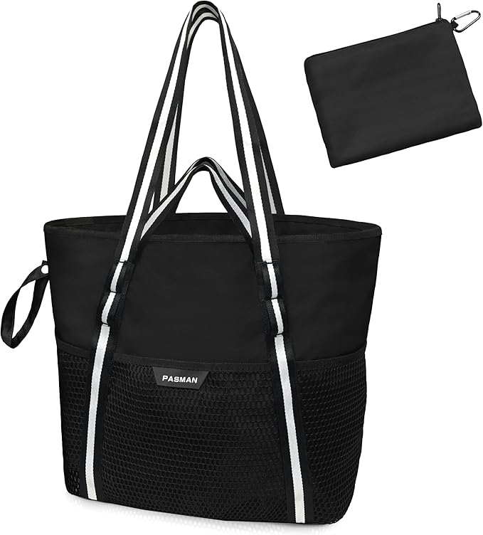 Beach Bag with Zipper - 8 Pockets Sandproof Beach Tote Bag for Women,Foldable Lightweight Family Swim Bag Vacation