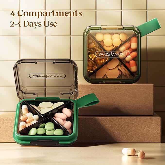 1 Pack Purple Pill Organizer with Strap, 4 Compartments, Compact Travel Pill Box Case, Portable and Moistureproof to Store Vitamins, Medication and Supplements