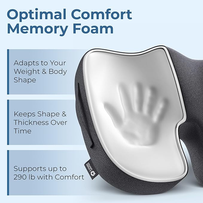 5 STARS UNITED Seat Cushion for Tailbone Pain Relief – Large Memory Foam Cushion for Coccyx, Hip, Sciatica & Post-Surgery Recovery – Wheelchair, Car, Desk, Gaming & Office Chairs, Black