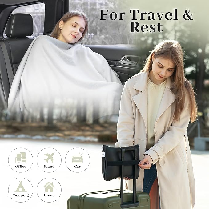 Elvasa Travel Blanket and Pillow Set – Compact Lightweight Throw for Train, Car – Small, Portable Fleece – Long Flight Must Haves – Airplane Comfort Kit – Multi-Use Quillow for Travel (Black)