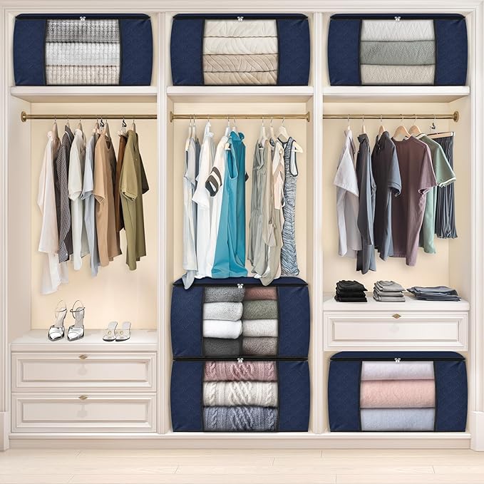 Fab totes 24 Gallons Clothes Storage, Foldable Thick Fabric Blanket Storage Bags, Containers for Organizing Bedroom, Closet, Clothing, Comforter, Organization with Handle (6 Pack,Blue)