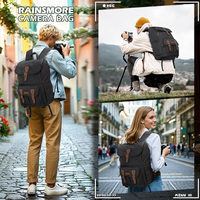 RAINSMORE Camera Bag Backpack for DSLR/SLR Mirrorless 15.6 Inch Laptop Camera Back Pack for Photographers Anti-Theft Photography Bags Case with Tripod Holder & Rain Cover, Black