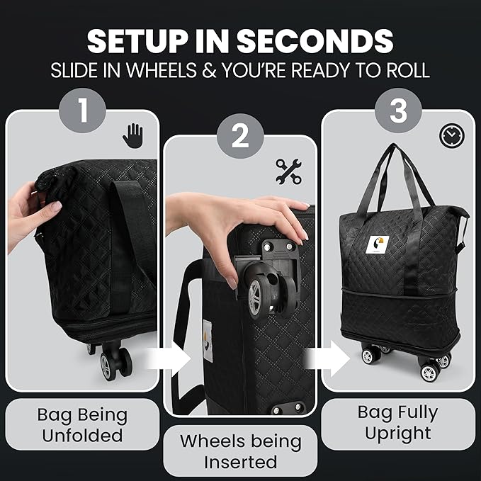 ISOKE Foldable Travel Duffel Bag - TSA Approved - With Wheels & Shoe Compartment - Weekender Bags for Women - Carry On Overnight Bag - Black - 16"×10"×24"