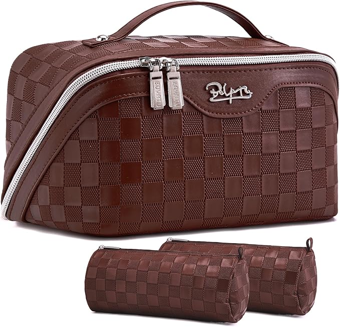 Travel Makeup Bag Organizer Cosmetic Bag: 3 Pcs Set Make up Bags for Women with Handle - Waterproof Vegan Leather Toiletry Bags with Comparments (C-09-Coffee)