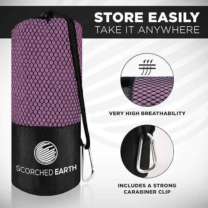 ScorchedEarth Microfiber Travel & Sports Towel Set - Quick Dry, Super Absorbent, Compact, Lightweight - for Camping, Backpacking, Hiking, Beach, Yoga, Swimming - Includes 2 Sizes + Carrying Bag & Clip