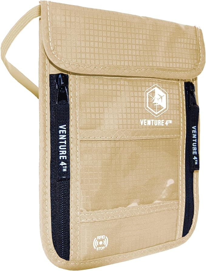 VENTURE 4TH Passport Holder Neck Wallet with RFID Blocking Nylon Lining - Hidden Neck Pouch for Travel (Beige)