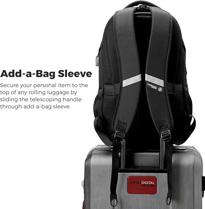 Swissdigital Design Laptop Backpack with USB Charging Port, TSA Travel Backpack Fits 15.6 inches Computer, 31L College School Backpack for Men, Black/Grey | SD803