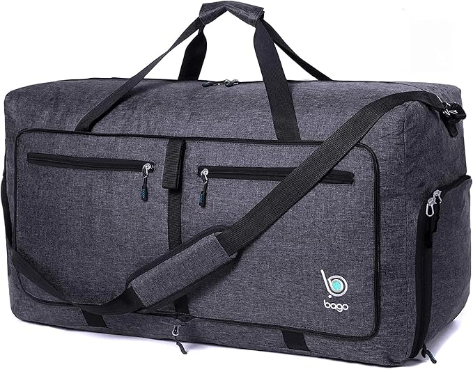 Bago Foldable Duffel Bags for Traveling Women & Men - 60L Medium Packable Duffle Bag for Travel with Shoe Compartment - Water Repellant, Heavy Duty, Lightweight Folding & Collapsible (SnowBlack)