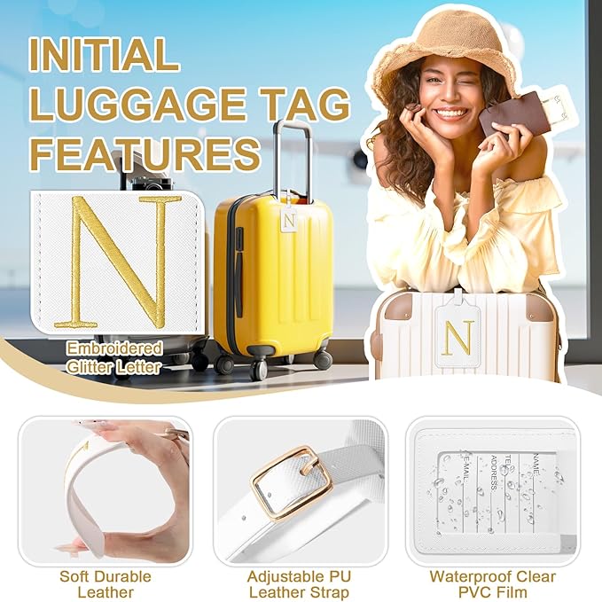 Personalized Initial Luggage Tags for Suitcase TSA Approved, White Leather Cute Luggage Tag with Privacy Cover Name Card, Embroidered Custom Luggage Tags Travel Baggage Tags Gifts for Women Kids(N)