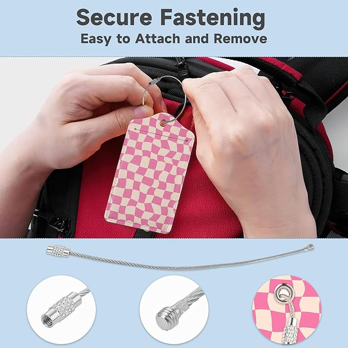 2 Pack Luggage Tag for Suitcase, Groovy Pink Checkerboard Leather Bag Tags Identifiers Privacy Cover ID Label with Durable Steel Loop for Women Men Kids Girls Travel