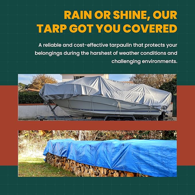 Large Waterproof Tarp - Heavy Duty 10 Mil Thick Poly Tarpaulin Ideal for Canopy Tents, Boats, RV or Pool Covers - Multipurpose Protective Tarps with Grommets for Indoor and Outdoor Use | 9' x 12'