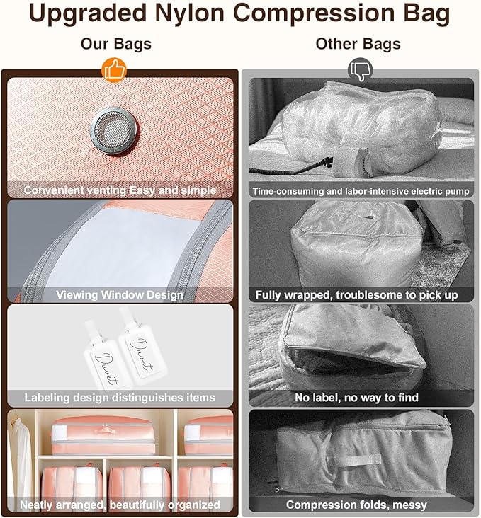 2 Pack Compression Storage Bags - 110L Large Capacity Comforter Storage Bag, 3-Layer Washable Ultra Space Saving Self Compression Organizer Space Bags for Blankets, Sweaters, Sheets, Pink
