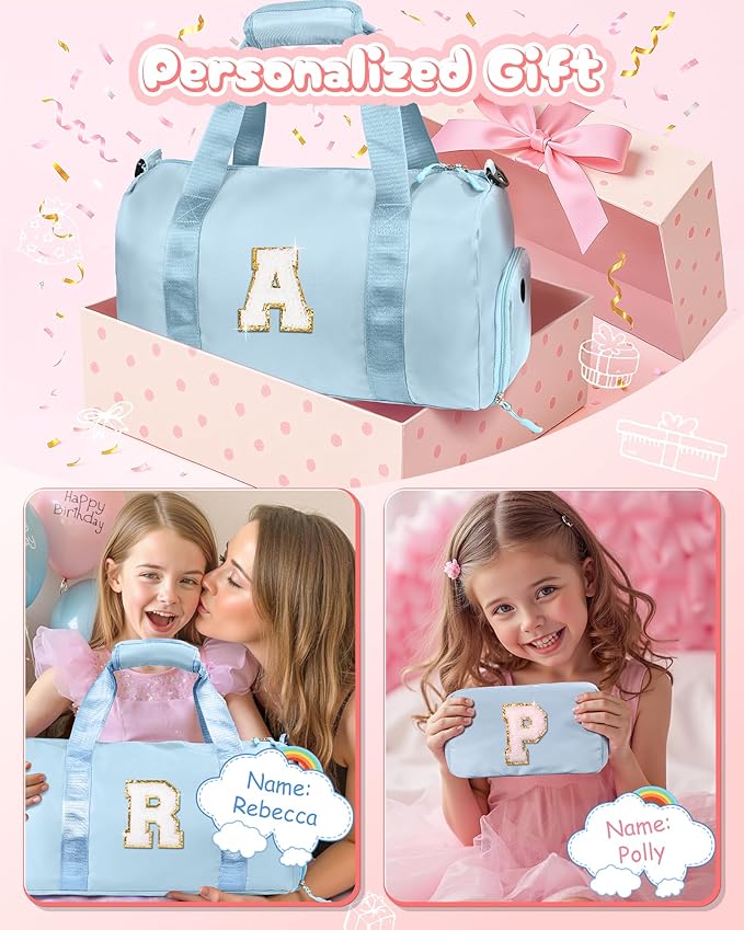 Gifts for Niece-Girl Gym Bag with Shoe Compartment, Kid Personalized Weekender Overnight Bags, Initial Travel Tote with Makeup Pouch, Birthday Gift for Sister Granddaughter (Letter J)