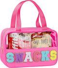 Snack Bag for Travel - Chenille Letter Clear Makeup Bag, Large Preppy Patch Snack Cosmetic Bag with Handle and Zipper, Cute Makeup Pouch Nylon&PVC Waterproof Toiletry Organizer Storage for Women Girls