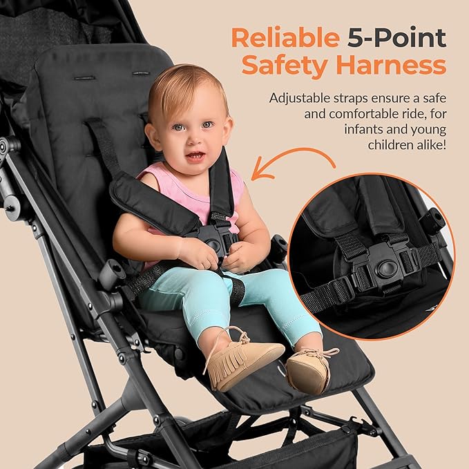 Jovial Lightweight Travel Baby Stroller - One-Hand Folding Compact Stroller with Multi-Position Reclining System - Retractable Sun Canopy, Extra-Large Storage Basket - Includes Airplane Storage Bag
