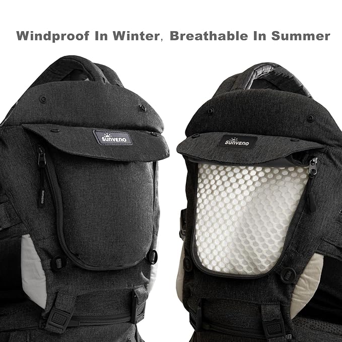 SUNVENO 3 in 1 Ergonomic Baby Carrier with Hip Seat for Newborns and Toddlers, Supports 20 lbs and Up, Waist and Back Relief with Large Weight Capacity for All Season Use,Black