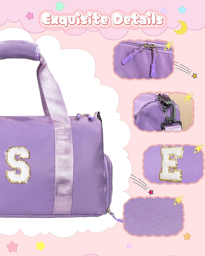 Girls Gifts 9-10 Year Old-Girl Gym Bag with Shoe Compartment, Kid Personalized Weekender Overnight Bags, Initial Travel Tote with Makeup Pouch, Kids Easter Gift (Letter V)