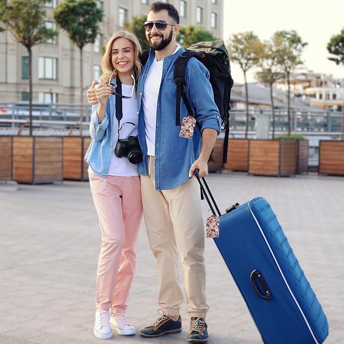 Set of 2 Luggage Tag for Suitcases LeatherAbstract Leopard Print Hearts Tags with Stainless Steel Loop Privacy Name ID Card Cover Travel Bag Labels Set for Women Men Kids Girls