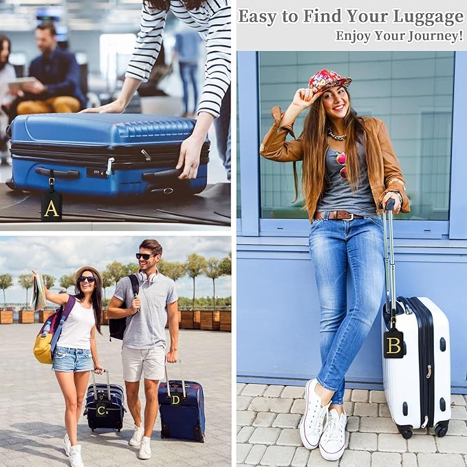 Personalized Initial Luggage Tags for Suitcase TSA Approved, Black Leather Cute Luggage Tag with Privacy Cover Name Card, Embroidered Custom Luggage Tags Travel Backpack Tags Gifts for Women Kids(N)