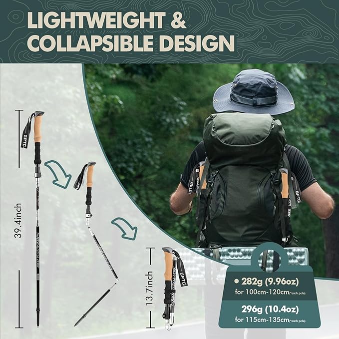 GPTCAMP Nordic Walking Stick, TPZ-1, 2pc Folding Collapsible Hiking Poles with Metal Quick Lock, Cork Handle, Lightweight 7075 Aluminum Trekking Poles for Seniors Women Men Hiking Gear