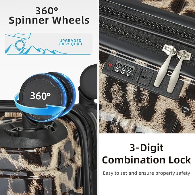 LARVENDER Luggage Sets 5 Piece Hardside Expandable Suitcase with Wheels Lock,PC+ABS Hardside Lightweight Rolling Suitcase for Women and Men,Cheetah