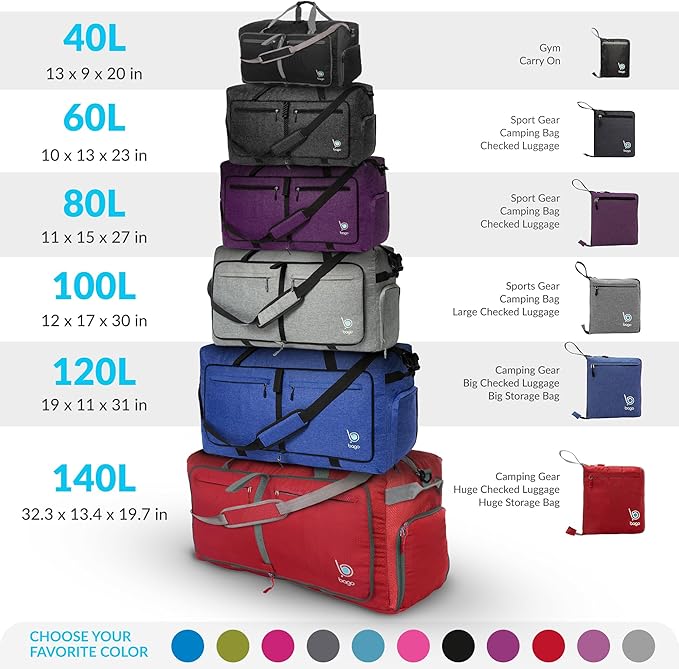 Bago Large Foldable Duffel Bags for Traveling Women & Men - 100L Packable Duffle Bag for Travel with Shoe Compartment - Water Repellant, Heavy Duty, Lightweight Folding & Collapsible (SnowGray)