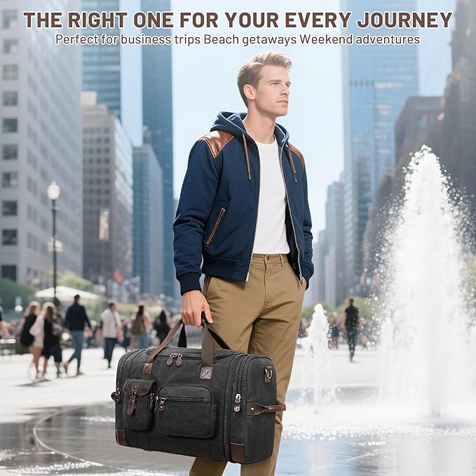 Travel Duffle Bag for Men, Heavy Duty Canvas Duffle Bag, Carryon Bags for Airplanes, Expandable Vintage Leather Overnight Luggage Weekender Bag, Waterproof Anti-tear Canvas Bag