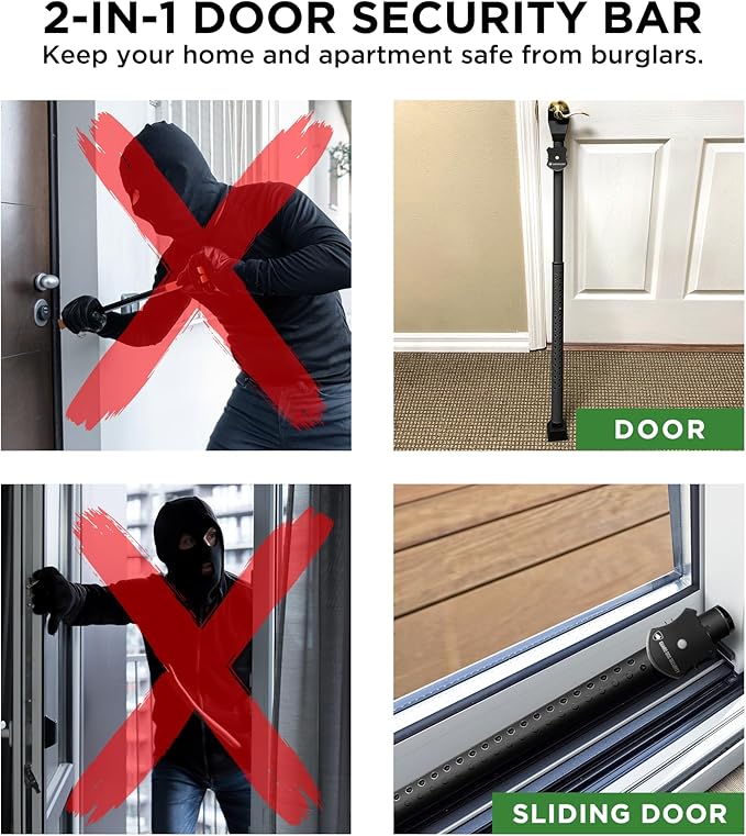 Adjustable Sliding Door Security Bar, Door Jammer 2-in-1 Adjustable Door Knob and Sliding Patio Door Stoppers Security with Alarm, 40 Different Adjustments by Guard Dog Security