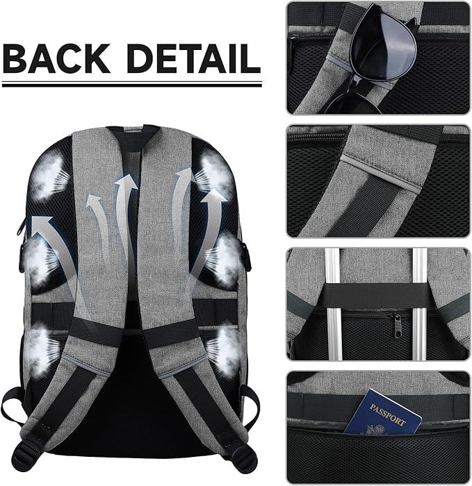 Lapsouno Business Laptop Backpack, Travel Backpack, 15.6 Inch Carry on Backpack, Anti-Theft College School Computer Backpack with USB Port, Gift for Men Women, Grey