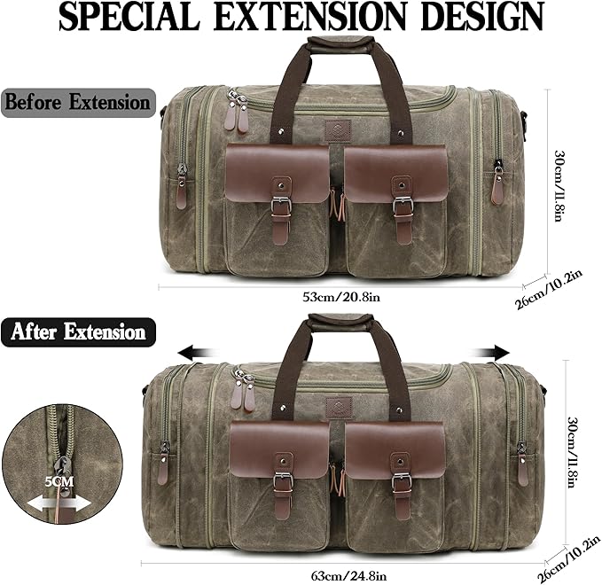 Waxed Canvas Duffle Bag for Men 50L Travel Duffel Bags Expandable Genuine Leather Duffel Overnight Weekender Carry On Bag Two Zipper Pockets Travel Bag (Vintage Grey, Large-50L)