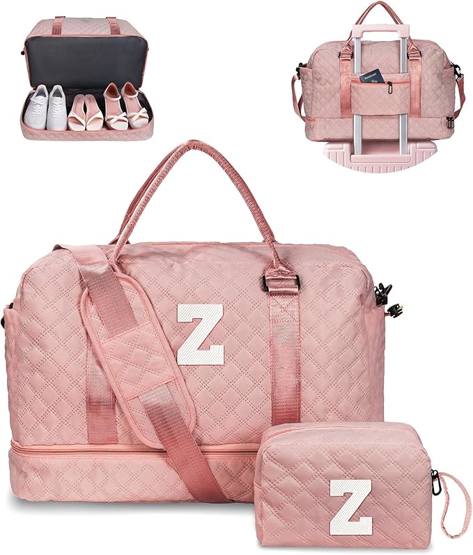 Initial Duffle Travel Bag, Personalized Weekender Bag with Shoulder Strap, Monogram Overnight Bag for Women Wet Pocket, Letter Travel Bag with Makeup Bag Gifts for family (Letter Z), Pink