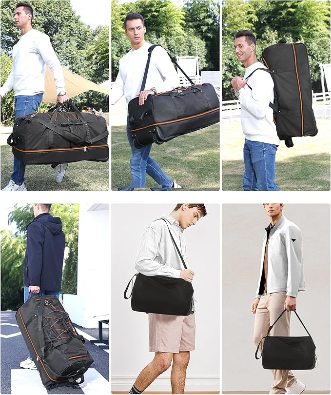 CONTAIL 32”110L Expandable 140L Rolling Duffle Bag with 2 Inline Wheels,Convertible Weekend Travel Bag with Bungee-Cord System,Black-orange