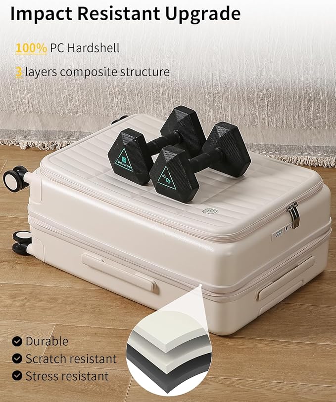 aji Expandable Top Open 24 Inch Checked Luggage with Spinner Wheels, Large Suitcase with TSA Lock, Hardside Travel Luggage Suitcases for Men Women, for 14+Days Travel, Coconut White