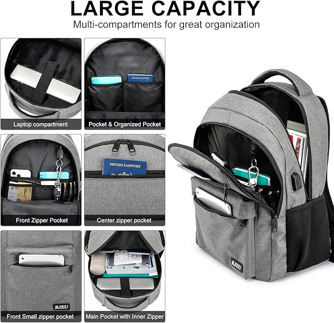 School Backpack for Teen Boys & Girls Students, 15.6 Inch Laptop Backpack with USB Charging Port - College Business Travel Bookbag, Grey