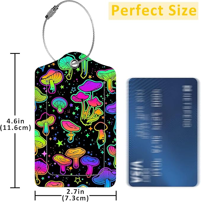 2 Pack Colorful Mushrooms Luggage Tags for Suitcases,Bright Mushrooms Leather Baggage Suitcases Tag Name ID Label Privacy Cover Travel Bag Tags for Women Men Boys Girls