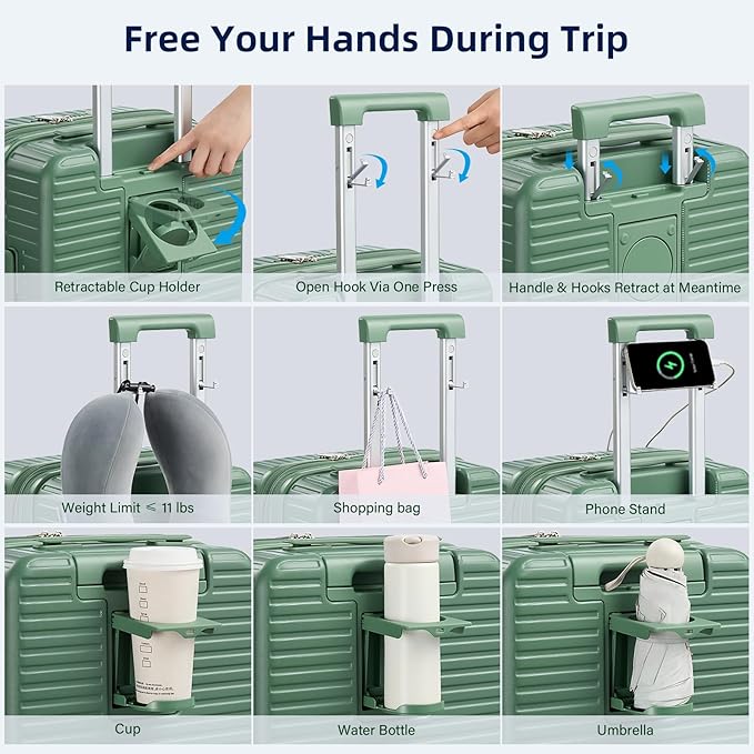 Hard Shell Suitcases Expandable Travel Luggage Sets 3 Piece, Carry on and Check in 3 Piece Luggage Suitcase Sets with Spinner Wheels Cup Holder Charger Built in (Forest Green, 20/24/28)