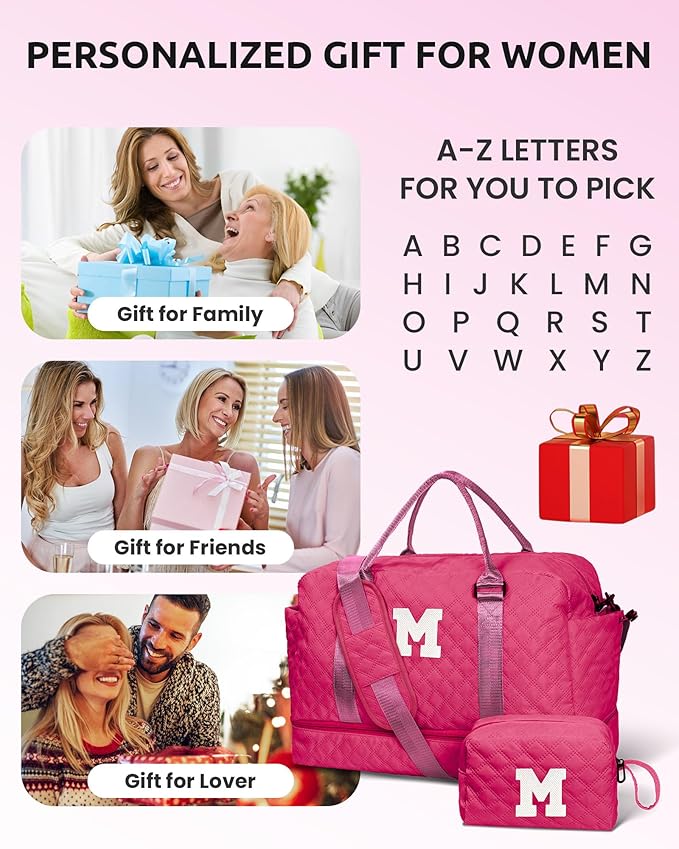 Sweet 15 Gifts for Girls-Initial Travel Bag with Shoe Compartment, Personalized Weekender Bag, Monogram Overnight Bag for Women, Letter Travel Bag with Makeup Bag (Letter B)
