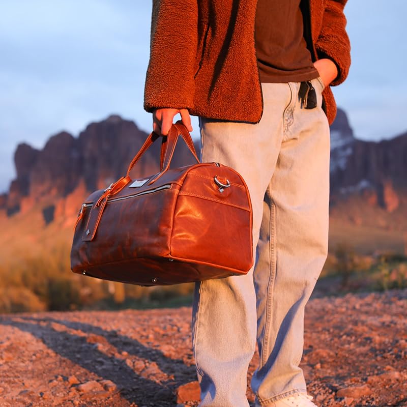 Handmade Leather Duffel Bag Luxury Duffle Bag Leather weekender Backpack for Men Full Grain Brown Leather TSA Approved- Lifetime Warrantee