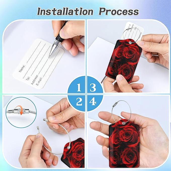 3 Pack Luggage Tag for Suitcase,Red Rose Floral and Leaves Leather Luggage Tags with Privacy Cover Name ID Label Identifiers Travel Bag Tags for Women Men Boys Girls