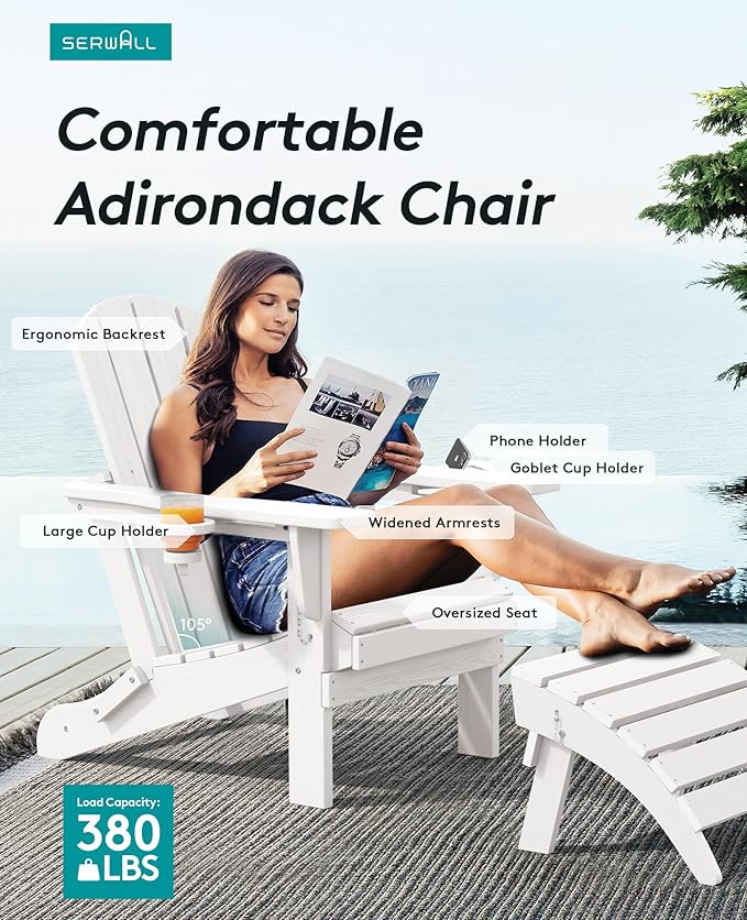 SERWALL Adirondack Chair with Cup Holders - Composite Adirondack Chairs Set of 4 HDPE Outdoor Chairs All Weather Use- White